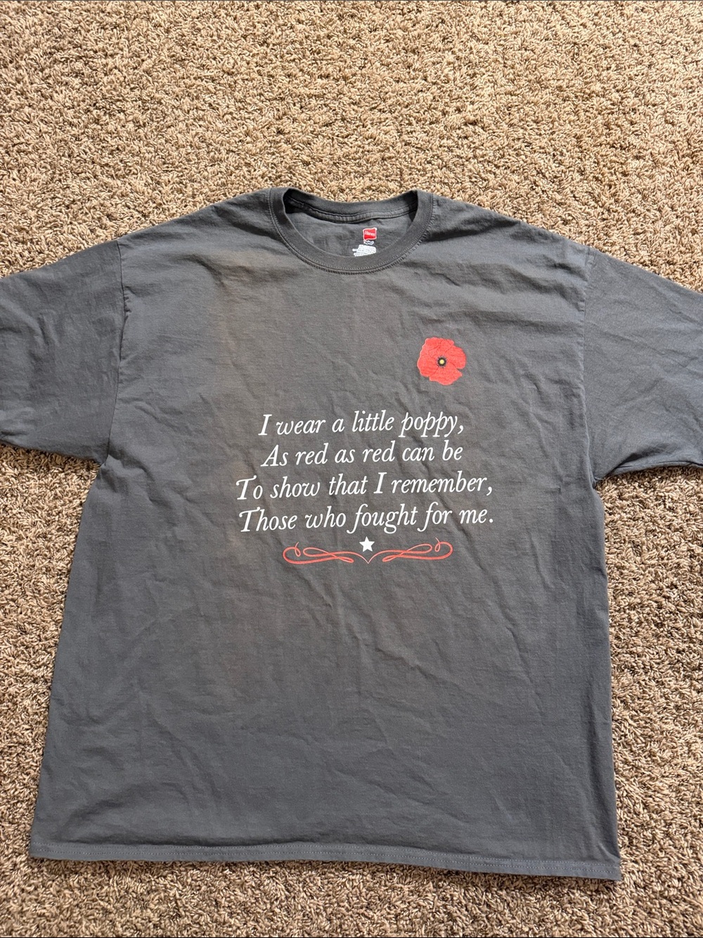 Hanes Charcoal Gray Short Sleeve Tee with Red Poppy and White Verse